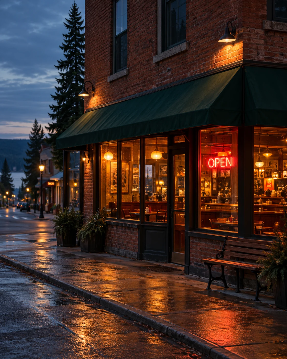 An imagined Northern Michigan main street, with warm diner windows and a quiet road at dusk